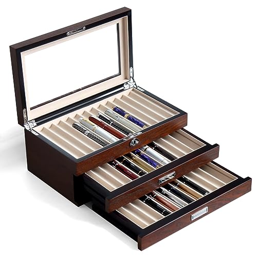 Pen Display Case with 36 Pen Slots, Fountain Pen Case, Wood Pen Storage Organizer, Pen Box Display for Men Gift, Pen Collector with Glass Window(Brown ash Veneer Finish, Creamy-White Velvet) - color: Brown 36 Slots, White Velvet