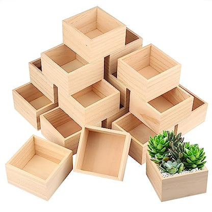 GNIEMCKIN 24 Pack 4 x 4 Inch Wooden Box, Unfinished Small Square Wooden Box, Rustic Wood Boxes, Organizer Storage Wood Boxes for DIY Crafts, Collectibles, Succulents, Desktop Drawer Decor - size: 24 Pack