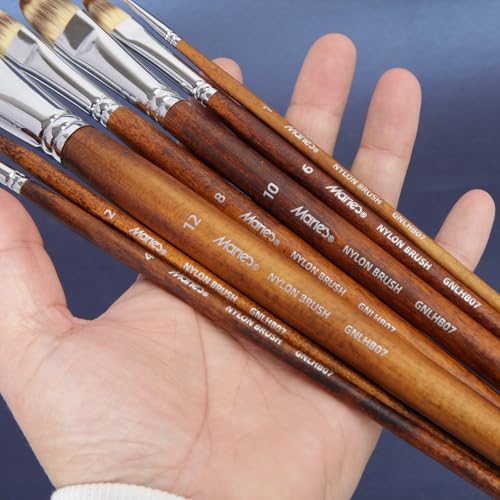 Marie's 7 Pcs Artist Paint Brush Set, Synthetic Nylon Brushes with Filbert and Liner Tips, Wood Handle Painting Brushes for Acrylic, Gouache, Oil, Practice and Professional Artwork