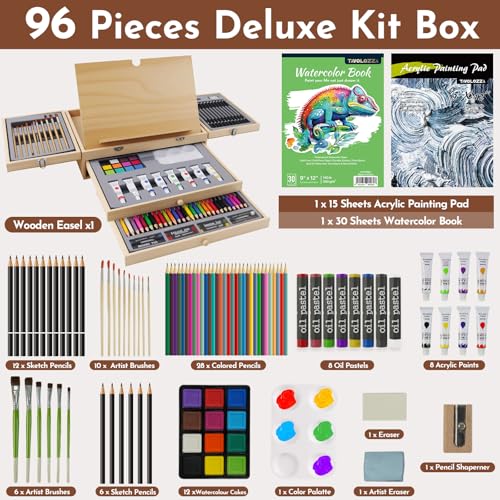 conda 96 Piece Premium Wooden Art Set with 2 Drawing Pads - Painting & Drawing Supplies Kit with Watercolor, Acrylic Paints, Brushes & More Art Supplies for Artists Adults Teens Girls