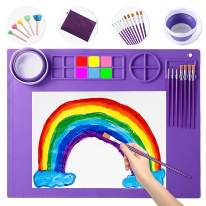 DIYDEC Silicone Art Mat 20x16 Inch - Large Silicone Painting Mat with Detachable Cup, 10 Painting Brushes, 5 Sponge Brushes - Kids & Adult DIY Accessories (Purple) - color: Purple