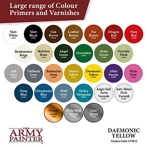 The Army Painter Colour Primer Daemonic Yellow, 400 mL Acrylic Spray Primer, Spray Paint Basecoat for Miniature Priming, Tabletop Roleplaying, Boardgames, and Wargames Miniature Modelling - color: Daemonic Yellow