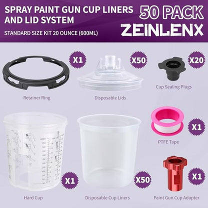 Disposable Paint Gun Cups for Spray Gun, 20oz(600ML) 50 Liners Kit | 50 Pack Disposable Liners and Lids For HVLP & LVLP Automotive Spray Gun, Car Painting, and Furniture - size: 20 ounce