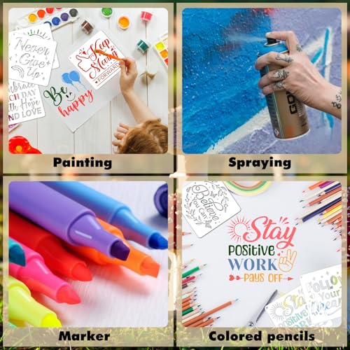 JSRQT 16Pcs Inspirational Word Stencils for Painting, Reusable Plastic Quotes Stencils for Craft, Motivational Drawing Painting Template Kit for DIY Wood Wall Shirt Canvas, and Card Making, 20×20 CM - size: 20*20CM