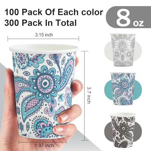 Clawsoff [300 Pack 8 OZ Paper Cups, Disposable Coffee Cups 8 oz Hot/Cold Colourful Beverage Drinking Cups for Office Party Home Picnic (Paisley) - color: Gray, size: 8 oz