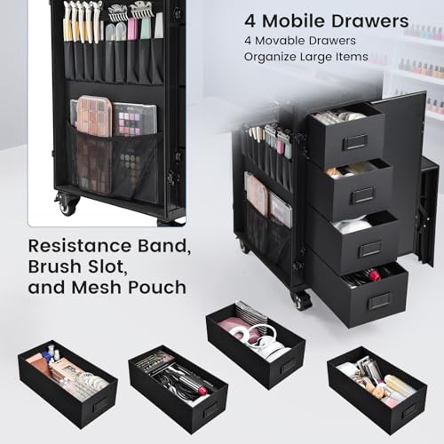 Joligrace Rolling Manicure Table with Pedicure Chair 4 Drawers Rolling Makeup Case Foldable Nail Desk Cosmetology Case on Wheels Brush Pouch Mirror Nail Kits Technician Workstation Artist Trolley
