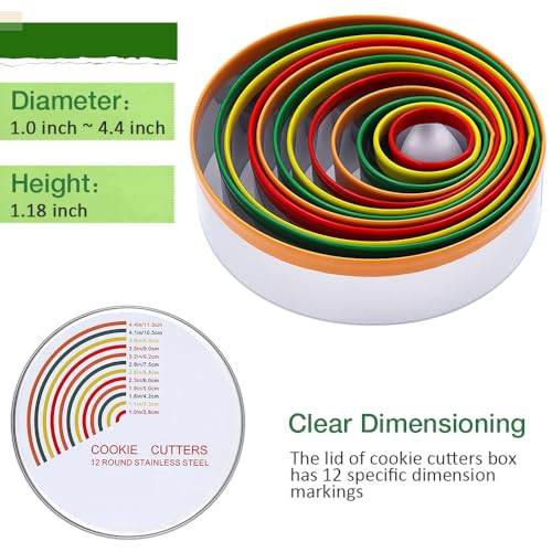 Alimat PluS Round Cookie Biscuit Cutter Set, 12 Pack Pastry Cutters in Graduated Sizes for Donut, Dough, Fondant, Clay, Stainless Steel Circle Cutter Cake Ring Molds with Colorful Rubber Coating - size: 12 Pack, Round Shape