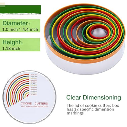 Alimat PluS Round Cookie Biscuit Cutter Set, 12 Pack Pastry Cutters in Graduated Sizes for Donut, Dough, Fondant, Clay, Stainless Steel Circle Cutter Cake Ring Molds with Colorful Rubber Coating - size: 12 Pack, Round Shape