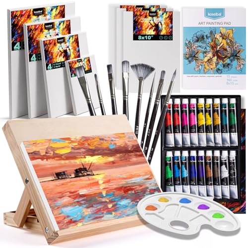 koseibal Acrylic Art Set with 18 Acrylic Paints, 8 Brushes, 4 Stretched Canvas, 1Wooden Easel, Etc, Premium Painting Supplies Kit for Students, Artists Kids, Adults, and Beginner - color: 18color+36pcs