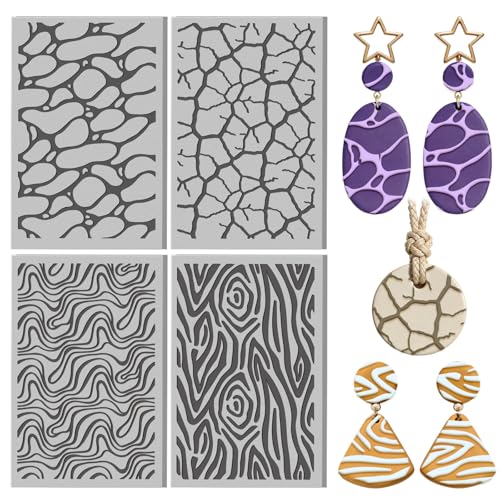 4 Pcs Natural Textures Patterns Polymer Clay Texture Sheet Water Ripples Rubber Clay Texture Mat for Polymer Clays Making Earrings Jewelry DIY Crafts 4 × 2.5 Inch - style: Water Ripples