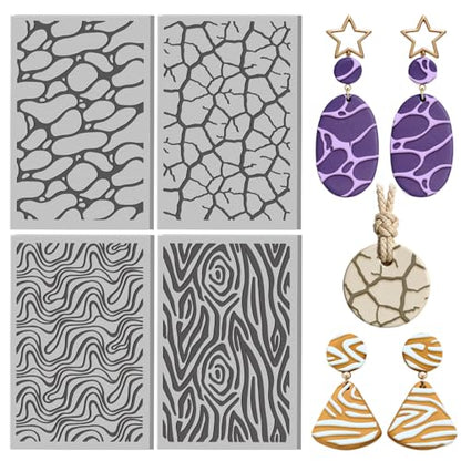4 Pcs Natural Textures Patterns Polymer Clay Texture Sheet Water Ripples Rubber Clay Texture Mat for Polymer Clays Making Earrings Jewelry DIY Crafts 4 × 2.5 Inch - style: Water Ripples