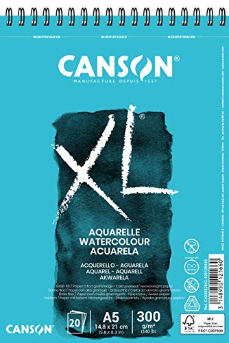 CANSON XL Watercolour 300gsm A5 Paper, Cold Pressed, Spiral Pad Short Side, 30 White Sheets, Ideal for Professional Artists - size: A5