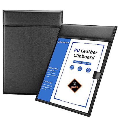 KINGFOM PU Leather Hardboard Office Clipboard, Magnetic Clip A4 Letter Size Clip Boards with Pen Holder for Nurses, Students, Teacher Black 2 Pack - style: 2 PACK × KF-A206-F