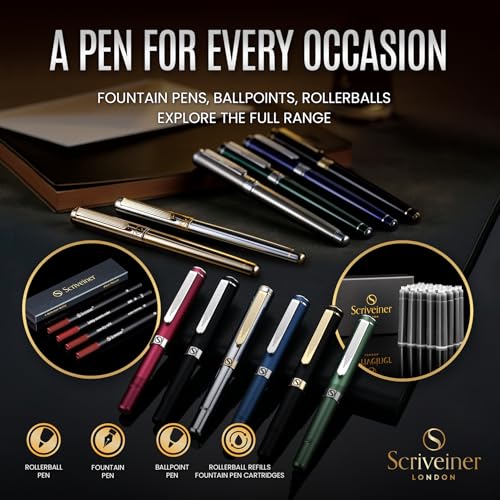 Scriveiner Black Green Fountain Pen - Stunning Luxury Pen with Chrome Finish, Schmidt Nib (Medium), Best Pen Gift Set for Men & Women, Professional, Executive, Office, Nice Pens - color: 13. Very Dark Black Green with Chrome, style: Medium Nib