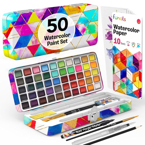 Watercolor Paint Set - 50 Travel Watercolors Set - Water Colors Paint for Adult, Beginners, Professional Artists | Watercolor Palette with Paper, Brush, Pen | Art Supplies for Adults - size: 50 Watercolors Set