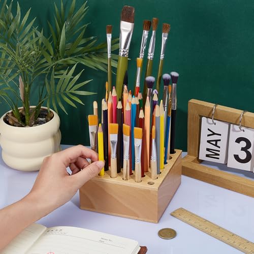 Beechwood Paint Brush Holder 42 Holes Paint Brush Storage Organizer Paintbrush Holder Organizer Wooden Block Pencil Holder for Makeup Brushes Pens and Art Tools
