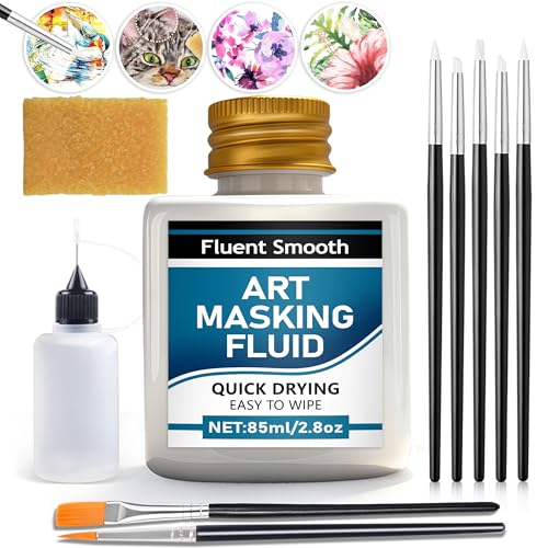 Watercolor Masking Fluid, Liquid Masking for Painting Watercolor Accessories with Silicone Pen Cleaning Brush Retouching and Covering for Painting and Various Art Projects Supplies,White (85ml) - color: 85ml