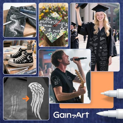 Gain-Art White Fabric Marker for Dark Clothes, Wash-Resistant, No Bleed, Quick Dry Professional Dual Tip Pen, Permanent Paint for Clothing, Canvas Cover Stains, DIY Art Crafting Set of 2