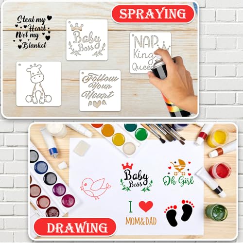 64 Pieces Small Onesie Stencils for Baby Shower, 3 Inch Reusable Baby Bib Stencil for Painting, Cute Animal Clothes T Shirts Template Kit for Fabric Canvas Craft DIY Home Decor(Baby Show) - style: Baby Shower