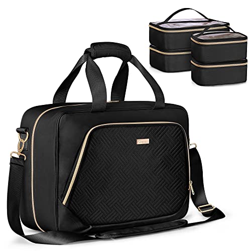 Professional Makeup Artist Travel Case with 4 Detachable Cosmetic Bags, Large Make up Organizer Bag with Makeup Kit Storage Section and Hair Tools Pocket, Black (Empty Bag Only) - color: Black