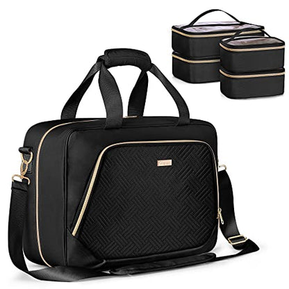 Professional Makeup Artist Travel Case with 4 Detachable Cosmetic Bags, Large Make up Organizer Bag with Makeup Kit Storage Section and Hair Tools Pocket, Black (Empty Bag Only) - color: Black