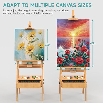 Large Wood H-Frame Easel with Storage Drawer, Foldable Art Painting Easel for Adults and Students, Adjustable Artist Easel Stand for Painting and Display, Holds Canvas Art up to 48"