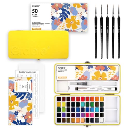 Grabie 50 Colors Premium All-In-One Water Color Paint Set - Detail Paint Brush Included, Watercolor Paints, Painting Sets, Art Supplies, Portable & Travel Watercolor Set, Amateur Hobbyists - color: 50 Colors（Premium）