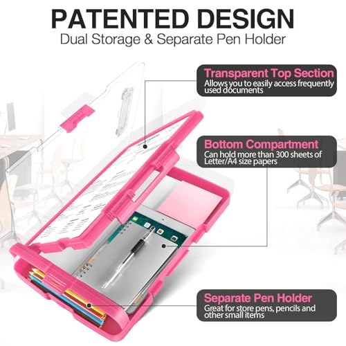 Sooez Original Clipboard with 2 Storage & Pen Holder, Heavy Duty Clip Boards 8.5x11 with Dual Storage, Clearview Dry Erase Coach Clipboard with Real Hinge, High Capacity, School & Office Supplies - color: Pink
