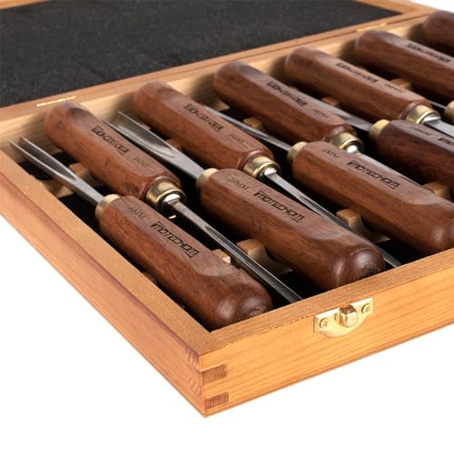 12-Pieces Woodworking Wood Carving Tools Chisel Set with Wooden Box, Razor Sharp CR-V 60 Steel Blades - size: 12PCS with Teak Wood Handle