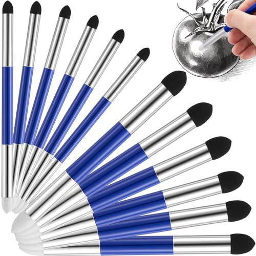 Kosiz 12 Pcs Blending Sponge Pen Double Headed Rub and Buff Washable Sketch Rubbing Sponge Brush Wipe Reusable Blending Stump Drawing Art Blenders for Artist Highlight Shadow Detail Tool (Blue) - color: Blue