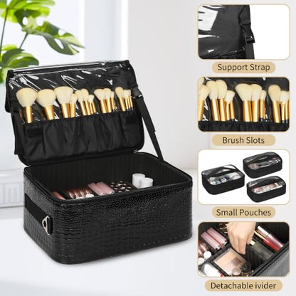OCHEAL 18" Rolling Makeup Train Case Professional 2-in-1 Trolley Case | | Large Makeup Case, 6 Travel Cosmetic Bags, Pro Artists & Makeup Artists, Beauty Trolley Train Case - color: Black-2 in 1