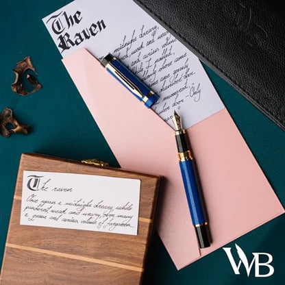 Wordsworth & Black Primori Fountain Pen Set - Blue Gold, Medium Nib, Gift Case, 24 Ink Cartridges, Refill Converter, Manual, Smooth Writing, Left & Right Handed | Blue Gold, Gift for Men & Women, Metal Body, 18K German Iridium, Calligraphy, Converter + 24