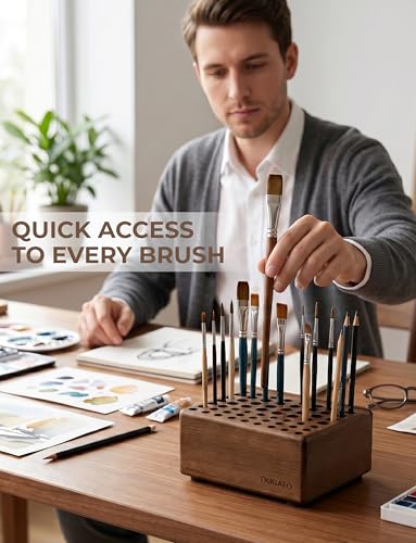 DUGATO Wooden Brush Holder, 59 Hole Desk Organizer with Rest Groove | Tabletop Stand for Paint Brushes, Pencils, Pens & Art Supplies, Built-In Drying Rest, Studio Desktop Rack
