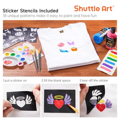 Shuttle Art 18 Colors Fabric Paint, 250ml/8.45oz, Permanent Soft Fabric Paint in Bottles with Brushes, Palette, Stencils, Non-Toxic Textile Paint for T-Shirts, Shoes, Jeans, Bags, DIY Projects&Art