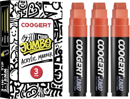 Coogert 3Pcs Coffee Jumbo Poster Markers, 15MM Thick Permanent Acrylic Graffiti Markers, Wide Tip Paint Marker for Canvas, Posters Board, Fabric, Window, Glass, Wood, Teachers,Banner painting supplies - color: Coffee