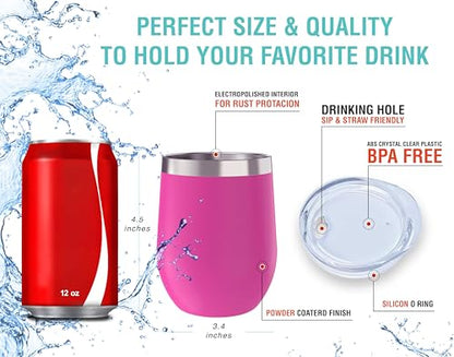 CHILLOUT LIFE 12 oz Stainless Steel Wine Tumbler with Lid - Double Wall Vacuum Insulated Wine Cup Glass Keeping Cold & Hot for Coffee, Champagne, Cocktails, Ice Cream - Powder Coated Pink - color: Hot Pink, style: 1 Pack