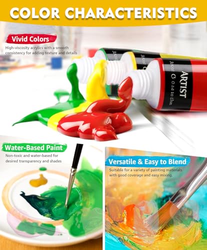 Colorful Artist Acrylic Paint Set, 16 Pack 0.74oz each with brush and Palette Art Paint, Non Toxic, Highly Pigment Paints for DIY Crafts & Beginner Artists
