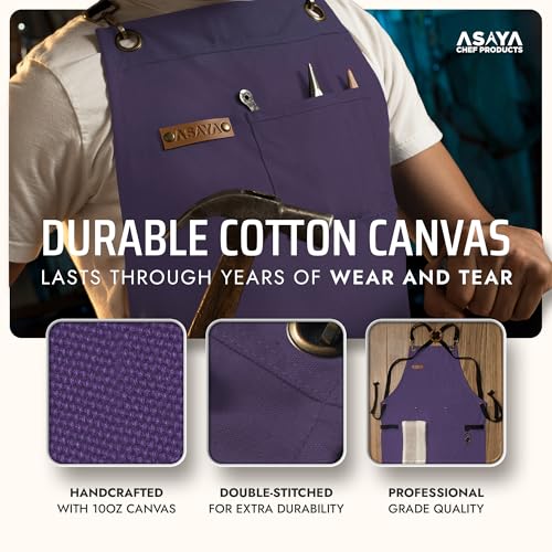 Asaya Chef and BBQ Apron with Bottle Opener and Hand Towel - 10oz Cotton Canvas, Stainless Steel Hardware - Cross Back Straps - color: Purple