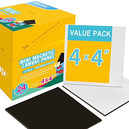AUREUO Mini Magnetic Canvas Panel 4x4 Inch / 24 Pack - Small Square Flat Canvas Board with Magnet Back Art Gift Set, Bulk Pack Tiny Thin Canvases for Painting & Craft - size: 4"x4", Canvas Panel