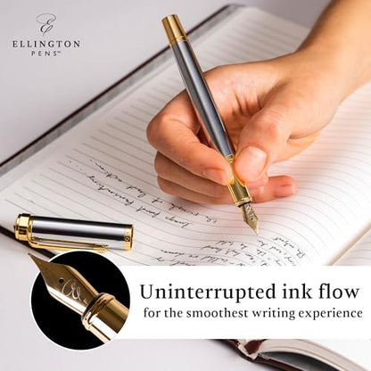 Ellington Pens Luxury Fountain Pen Set - Smooth Medium Nib - Includes 3 Ink Cartridges, Refillable Ink Converter, Gift Box - Fountain Pens For Writing, Calligraphy, Journaling (The Presidential Oath) - color: Silver Horizon, style: Medium