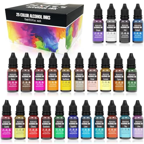 Alcohol Ink Set - Alcohol Ink for Epoxy Resin, Alcohol Ink Supplies, Tumbler Making Supplies, Resin Ink, Dye Inks 25 Large 0.5 Ounce Highly Saturated Colors