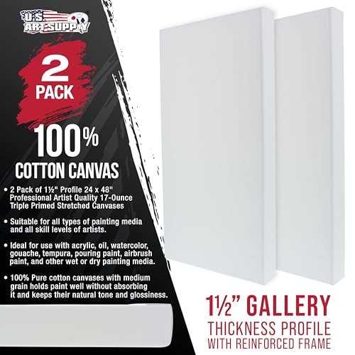 U.S. Art Supply Rectangle Stretched Canvas for Painting 24x48 inch Gallery Depth 1-1/2" Thick, 2-Pack - 17oz Acrylic Gesso Triple Primed, Professional Artist Quality, 100% Cotton - Oil, Pouring Paint - size: 24" x 48"