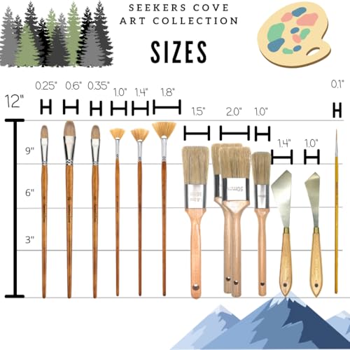 Seekers Cove Pro Landscape Brush Set - 13 Piece Artist Paintbrush Kit - Oil and Acrylic Brushes and Tools - 2, 1.5, 1 Inch, Pallet Knives, Fan, Filbert, Fineliner Set