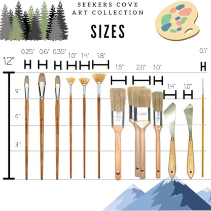 Seekers Cove Pro Landscape Brush Set - 13 Piece Artist Paintbrush Kit - Oil and Acrylic Brushes and Tools - 2, 1.5, 1 Inch, Pallet Knives, Fan, Filbert, Fineliner Set