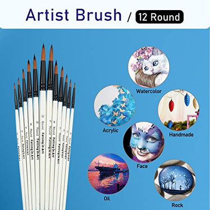 Falling in Art Paint Brushes Set, 12 PCS Nylon Professional Round Paint Brushes for Watercolor, Oil Painting, Acrylic, Face Body Nail Art, Crafts, Rock Painting - size: 12 Pcs Round Nylon