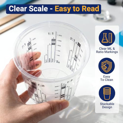 Gartful 12 Pack 10oz Clear Plastic Measuring Cups with 12 Stir Sticks, Disposable Graduated Mixing Cups with ml Scale & 3-Column Paint/Hardener/Thinner Mixing Ratios (1:1-7:1) for Epoxy Resin, Paint - size: 10oz / 320ml - 12 Set
