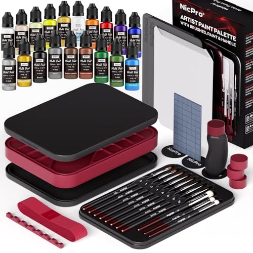 Nicpro All-In-One Miniature Painting Kit, Including 18 Colors Model Paint, Wet Palette, 11PCS Detail Paint Brushes Drybrush, Magnetic Painting Handle, 2PCS Sponges, 50PCS Pallet Paper and Brush Holder - color: 18 Model Paint + Wet Palette