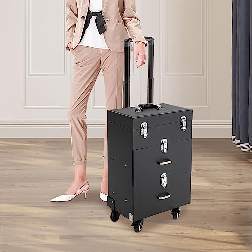 44.09lbs Lockable Makeup Train Case,Rolling Hairdressing Trolley,Beauty Salon Cosmetic Luggage with Universal Wheels for Hair Stylist,Make-up Artists (Black 6) - color: Black 6