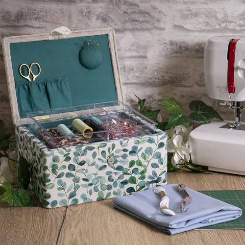 Hobby Gift Medium Sewing Box Organiser, Fabric Covered Storage Box with Handle, Internal Tray, Pin Cushion and Pocket for Sewing, Quilting and Knitting Supplies - color: Eucalyptus