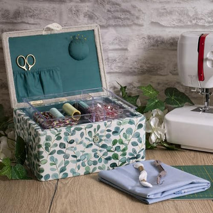 Hobby Gift Medium Sewing Box Organiser, Fabric Covered Storage Box with Handle, Internal Tray, Pin Cushion and Pocket for Sewing, Quilting and Knitting Supplies - color: Eucalyptus